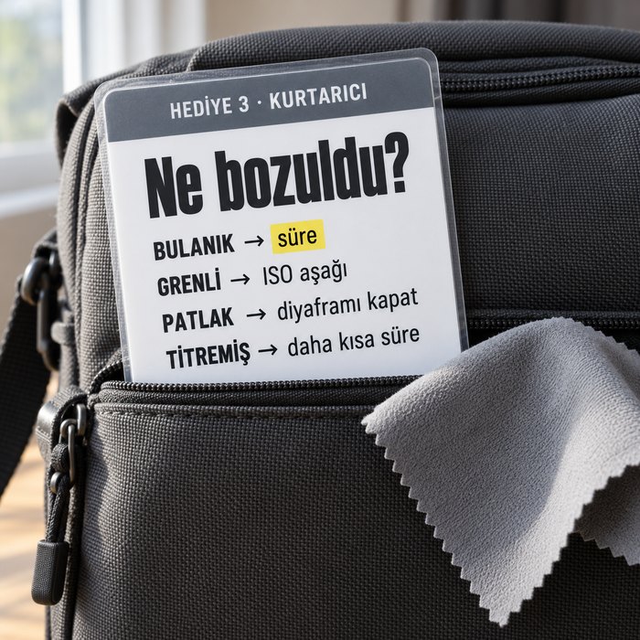 Kurtarıcı: bir fotoğraf çantasının cebinde düzeltme satırlı bir sayfa