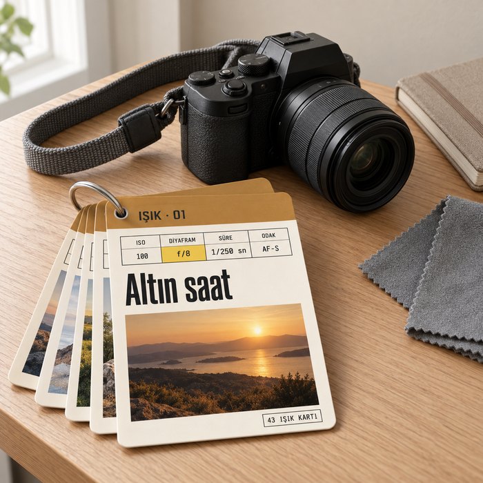 43 Işık Kartı: bir masanın üstünde ışık kartları, yanında mikrofiber bez ve bir makine