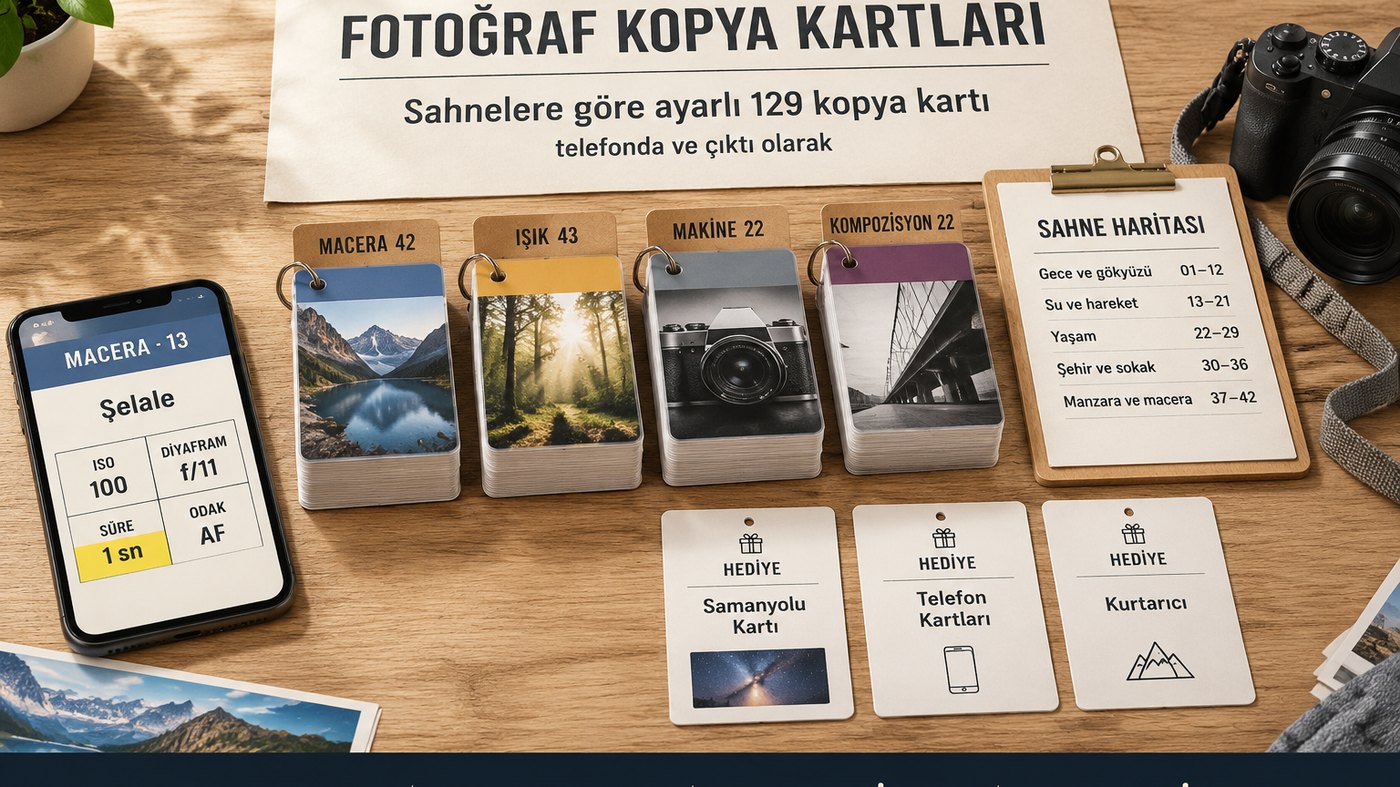 Masanın üstünde tüm paket: bir kopya kartı gösteren telefon, sahnelere göre 129 kopya kartı, Sahne Haritası ve 3 hediye, yanında bir fotoğraf makinesi